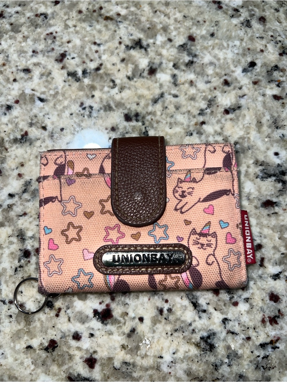 UNIONBAY Peach Cat Print Card Wallet with Brown Snap
